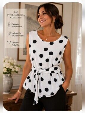 INC International Concepts White Black Polka Dot Belted Sleeveless Top XL